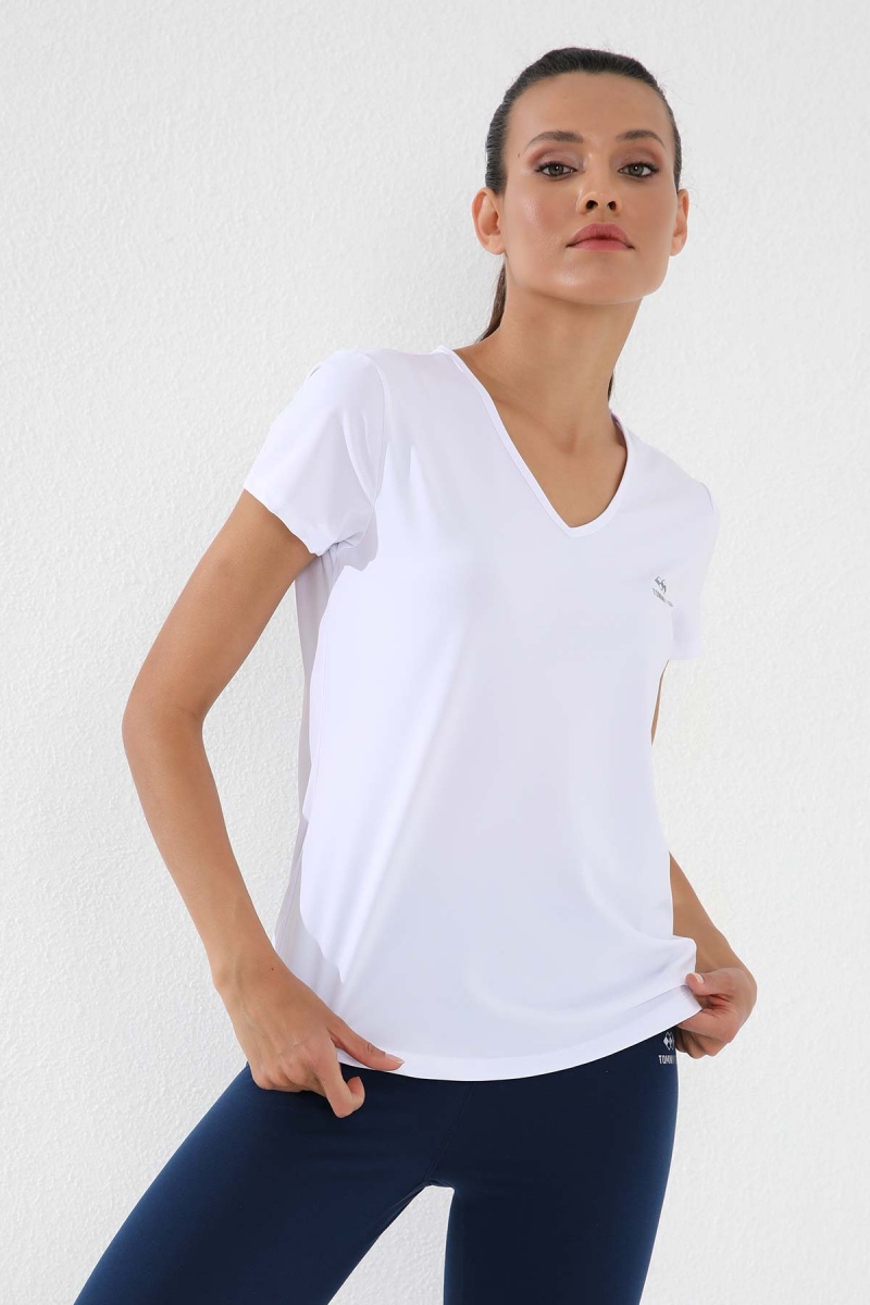 Beyaz Basic Kısa Kol Standart Kalıp V Yaka Kadın T-Shirt - 97145 - Thumbnail