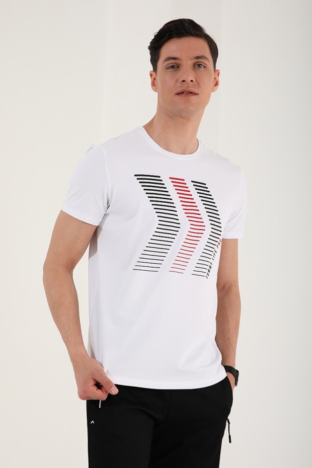 Beyaz Karışık Harf Rakam Baskılı Rahat Form O Yaka Erkek T-Shirt - 87960