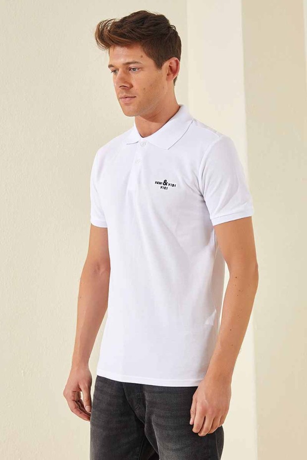 Beyaz Klasik Kısa Kol Standart Kalıp Polo Yaka Erkek T-Shirt - 87787