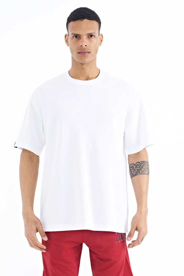Beyaz Kol Arma Detaylı Basic Oversize Erkek T-Shirt - 88193