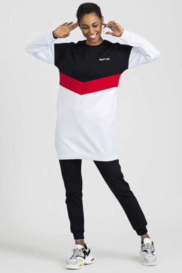 TommyLife - Beyaz - Lacivert Cepli Üç Renk Rahat Form Jogger Kadın Eşofman Tunik Takımı - 03454