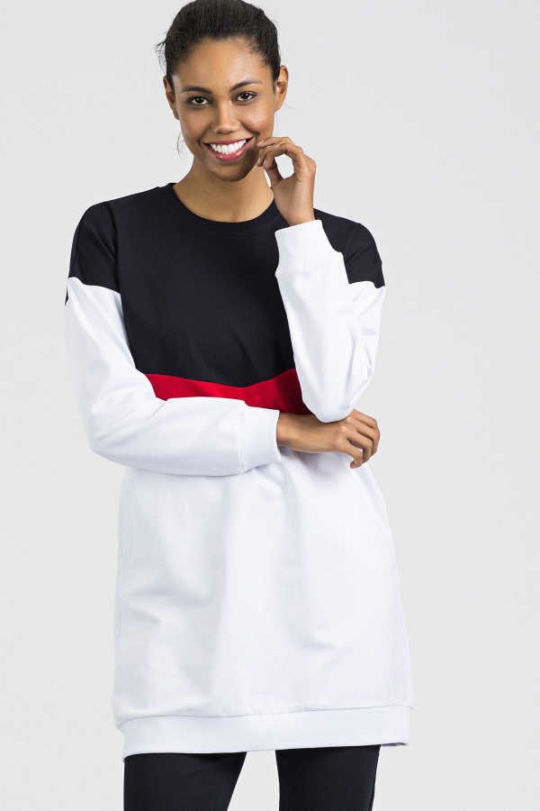 Beyaz - Lacivert Cepli Üç Renk Rahat Form Jogger Kadın Eşofman Tunik Takımı - 03454