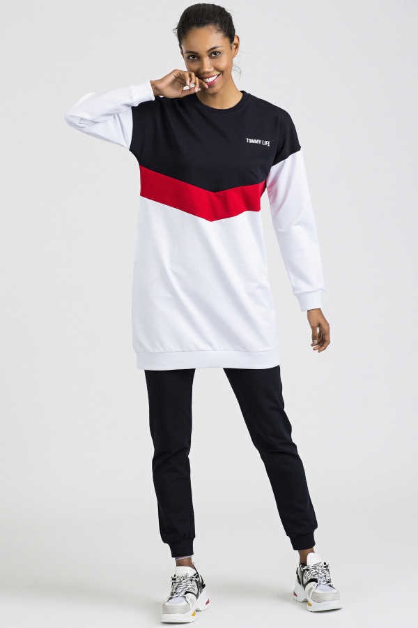 Beyaz - Lacivert Cepli Üç Renk Rahat Form Jogger Kadın Eşofman Tunik Takımı - 03454