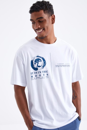 TommyLife - Beyaz Minimal Baskılı O Yaka Erkek Oversize T-Shirt - 88096