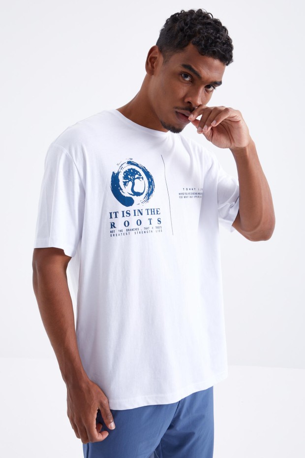 Beyaz Minimal Baskılı O Yaka Erkek Oversize T-Shirt - 88096