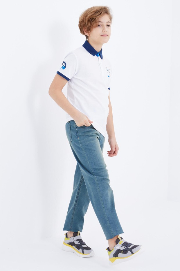 Beyaz Nakış Detaylı Kısa Kollu Polo Yaka Erkek Çocuk T-Shirt - 10893