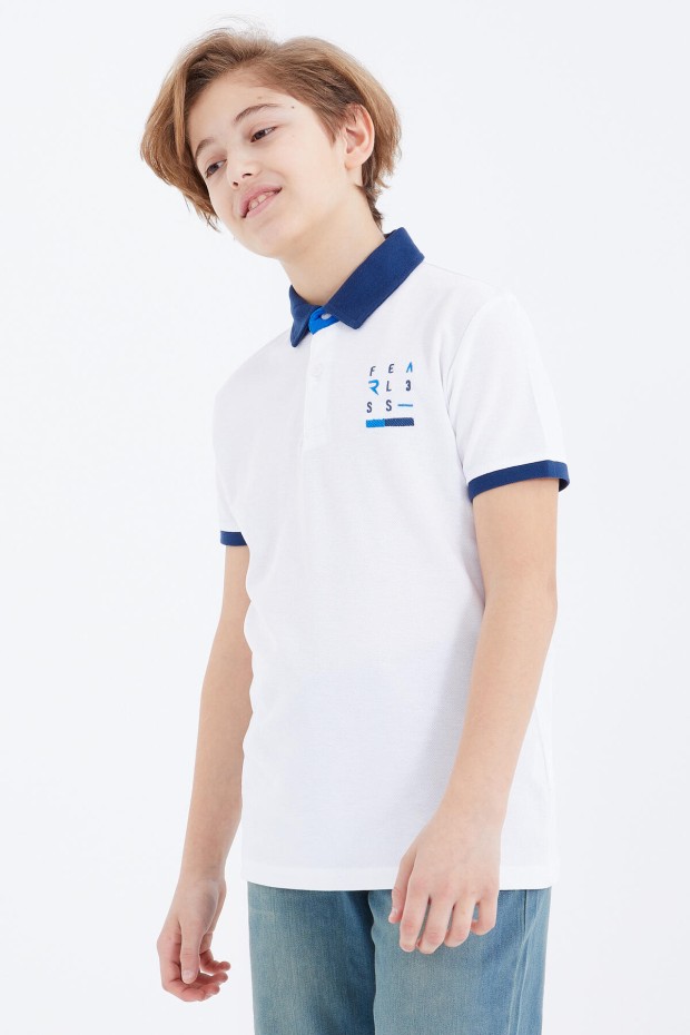 Beyaz Nakış Detaylı Kısa Kollu Polo Yaka Erkek Çocuk T-Shirt - 10893