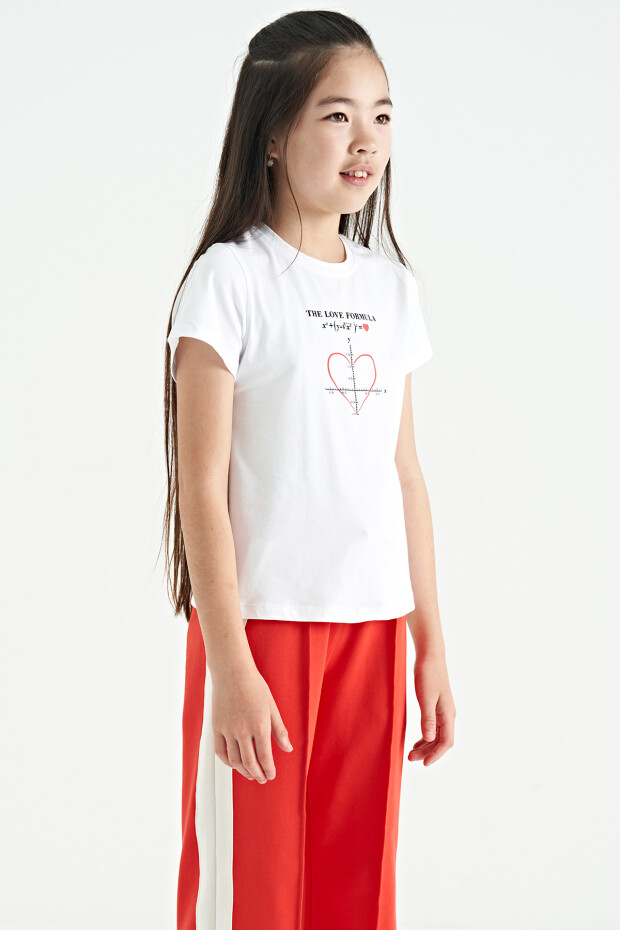 Beyaz O Yaka Baskı Detaylı Rahat Kalıp Kız Çocuk T-Shirt - 75129