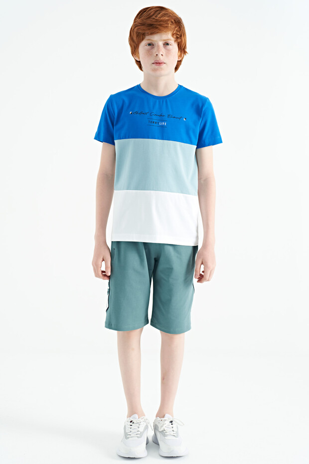 Beyaz Renk Bloklu O Yaka Baskı Detaylı Standart Kalıp Erkek Çocuk T-Shirt - 11135