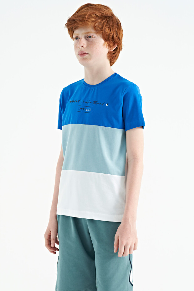 Beyaz Renk Bloklu O Yaka Baskı Detaylı Standart Kalıp Erkek Çocuk T-Shirt - 11135