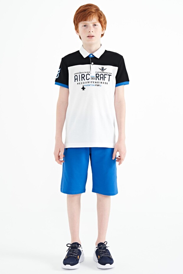 Beyaz Renk Bloklu Yazı Nakışlı Standart Kalıp Polo Yaka Erkek Çocuk T-Shirt - 11087