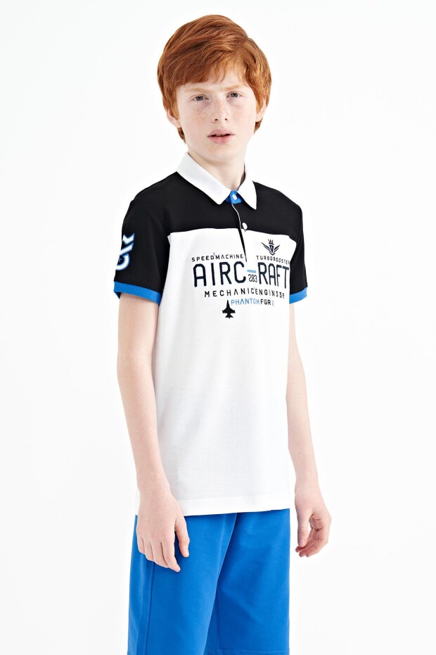 Beyaz Renk Bloklu Yazı Nakışlı Standart Kalıp Polo Yaka Erkek Çocuk T-Shirt - 11087
