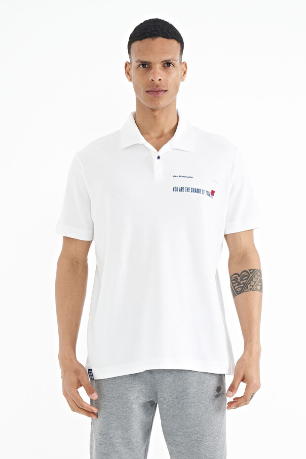 Beyaz Yazı Baskılı Standart Form Polo Yaka Erkek T-shirt - 88236