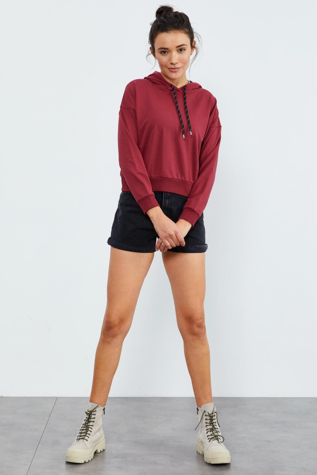 Bordo Uzun Kol Rahat Form Kapüşonlu Kadın Sweatshirt - 97115