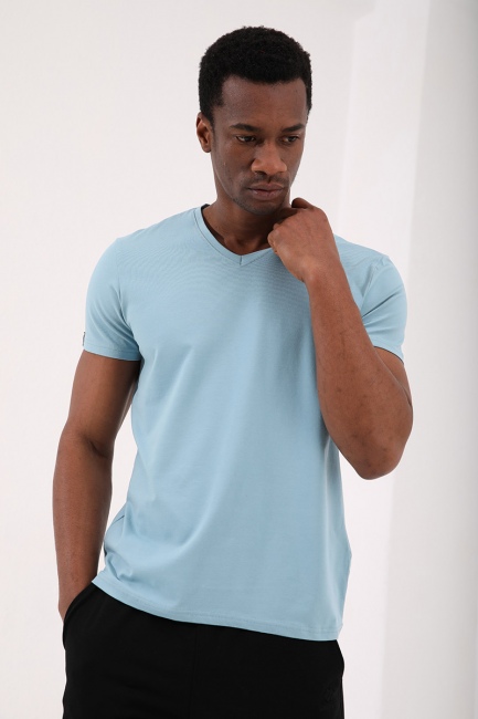 Buz Mavi Basic Kısa Kol Standart Kalıp V Yaka Erkek T-Shirt - 87912 - Thumbnail
