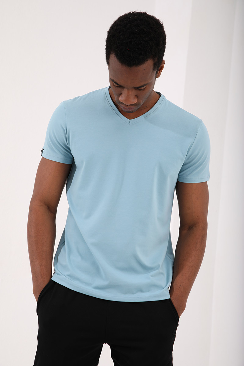 Buz Mavi Basic Kısa Kol Standart Kalıp V Yaka Erkek T-Shirt - 87912