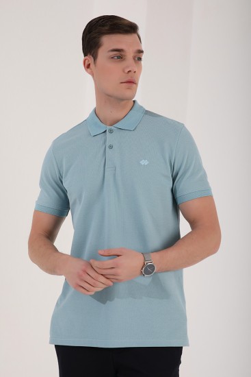 TommyLife - Buz Mavi Basic Logolu Standart Kalıp Triko Polo Yaka Erkek T-Shirt - 87748