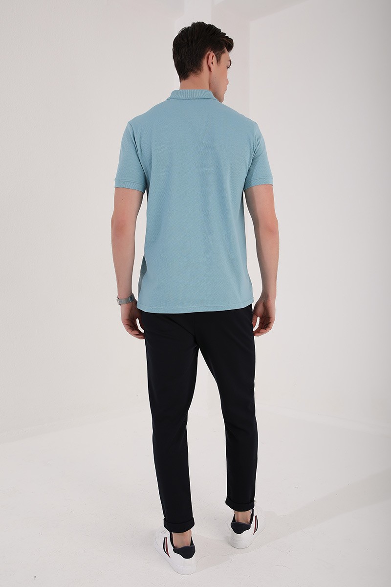 Buz Mavi Klasik Black Yazı Nakışlı Standart Kalıp Polo Yaka Erkek T-Shirt - 87760