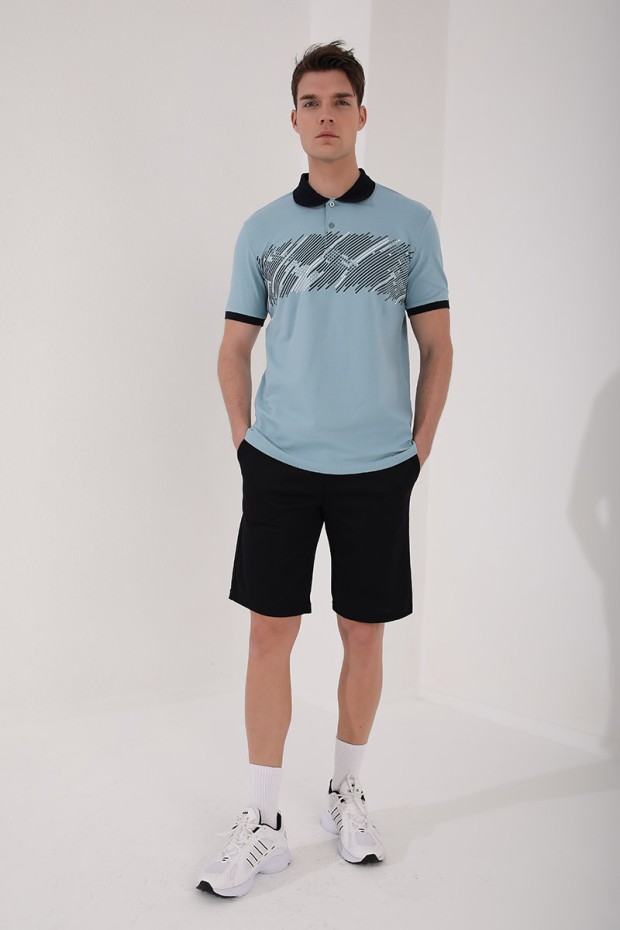 Buz Mavi Sayı Detaylı Çizgi Baskılı Standart Kalıp Polo Yaka Erkek T-Shirt - 87955