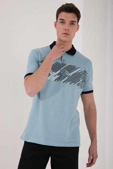 Buz Mavi Sayı Detaylı Çizgi Baskılı Standart Kalıp Polo Yaka Erkek T-Shirt - 87955 - Thumbnail