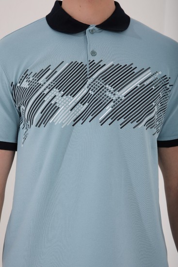 Buz Mavi Sayı Detaylı Çizgi Baskılı Standart Kalıp Polo Yaka Erkek T-Shirt - 87955 - Thumbnail