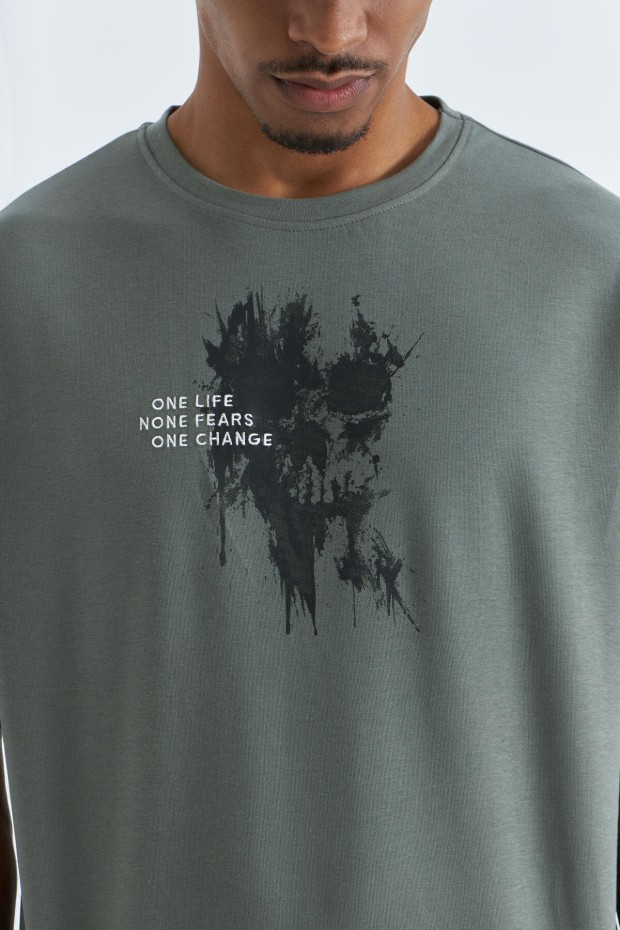 Çağla Baskılı Yazı Nakışlı O Yaka Erkek Oversize T-Shirt - 88105