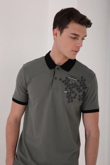 Çağla Altıgen Desen Baskılı Standart Kalıp Polo Yaka Erkek T-Shirt - 87928 - Thumbnail