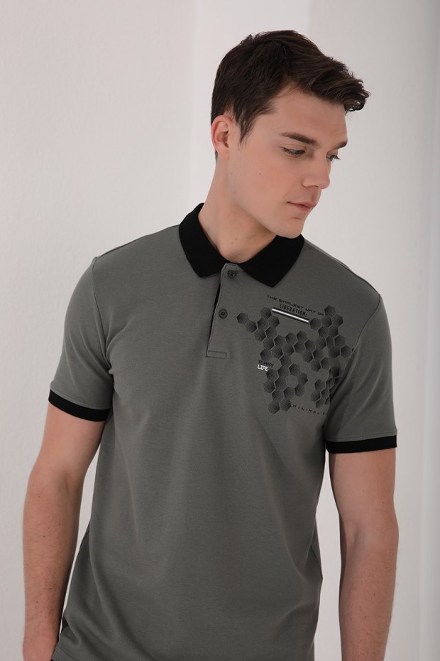 Çağla Altıgen Desen Baskılı Standart Kalıp Polo Yaka Erkek T-Shirt - 87928