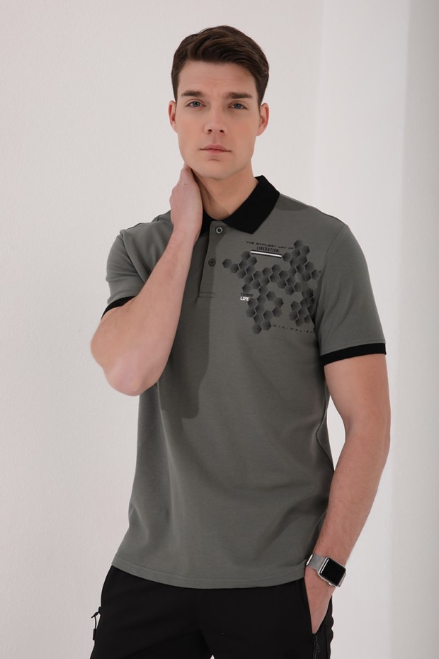Çağla Altıgen Desen Baskılı Standart Kalıp Polo Yaka Erkek T-Shirt - 87928