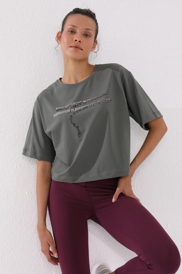 Çağla Yazı Baskılı Kısa O Yaka Kadın Oversize T-Shirt - 97135