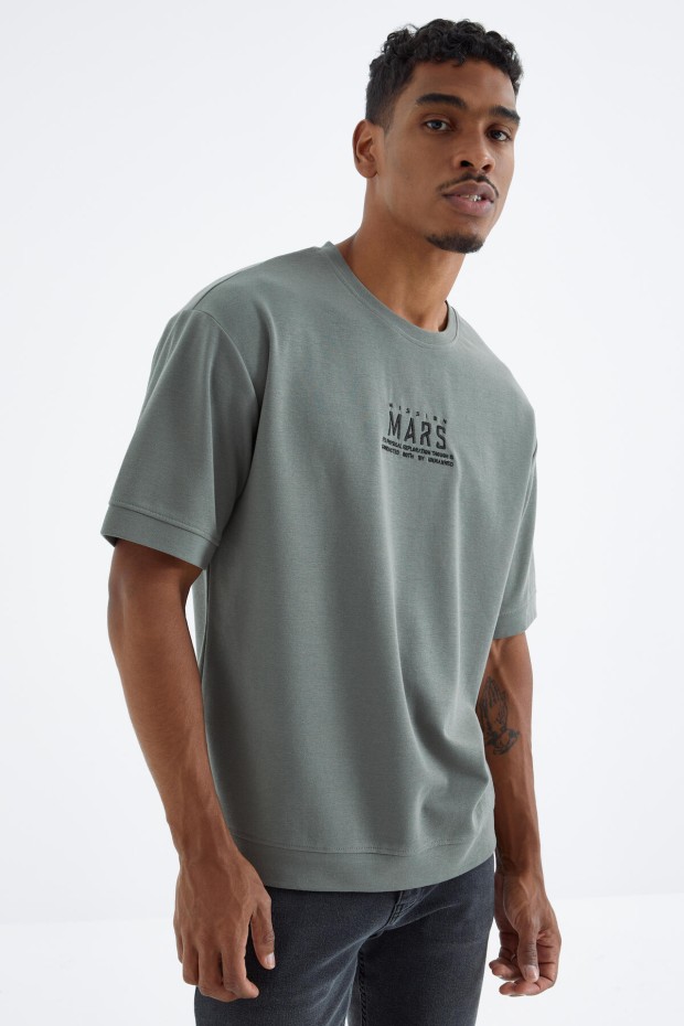 Çağla Mars Yazı Nakışlı O Yaka Erkek Oversize T-Shirt - 88104