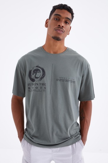 TommyLife - Çağla Minimal Baskılı O Yaka Erkek Oversize T-Shirt - 88096