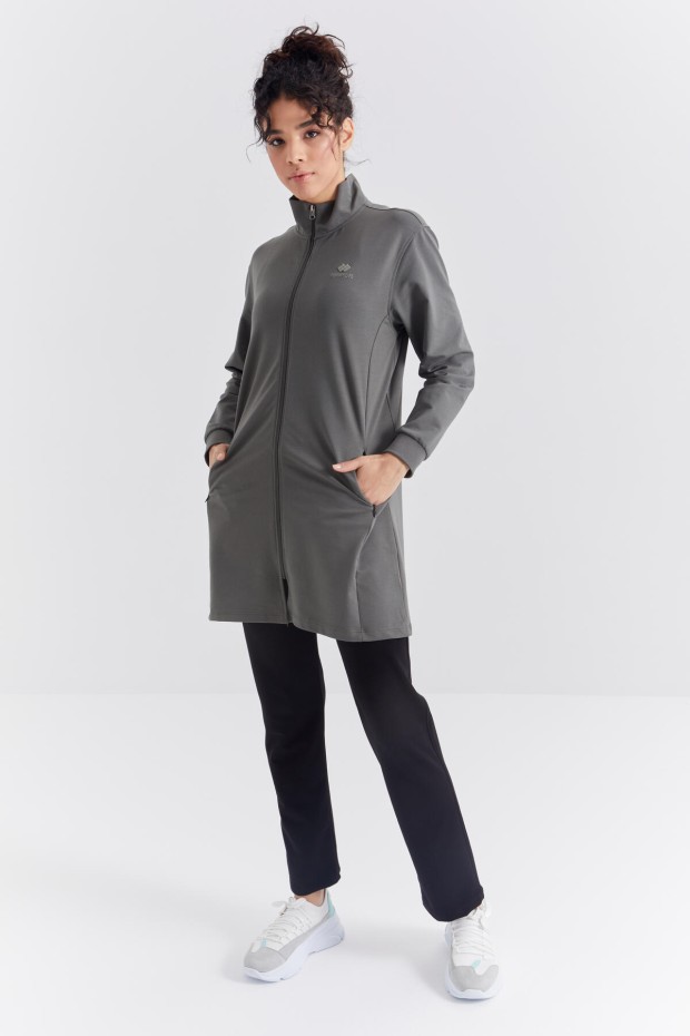 Çağla - Siyah Dik Yaka Fermuarlı Rahat Form Klasik Paça Kadın Eşofman Tunik Takım - 95312