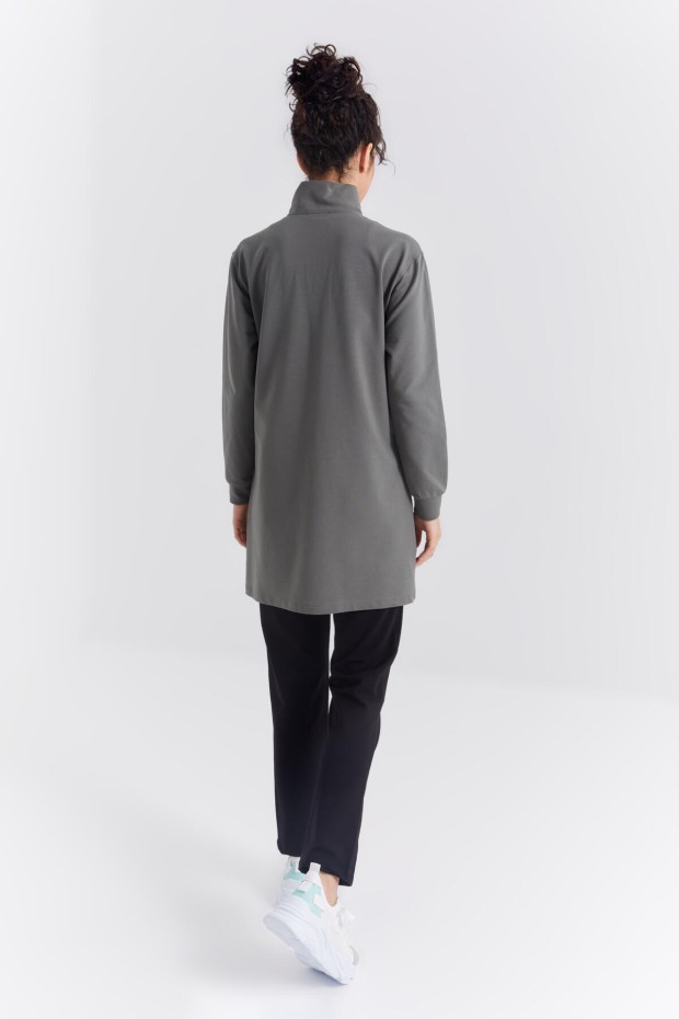Çağla - Siyah Dik Yaka Fermuarlı Rahat Form Klasik Paça Kadın Eşofman Tunik Takım - 95312