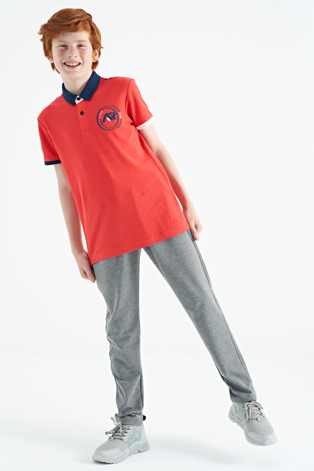 Coral Kol Ucu Renkli Logo Nakışlı Standart Kalıp Polo Yaka Erkek Çocuk T-Shirt - 11138