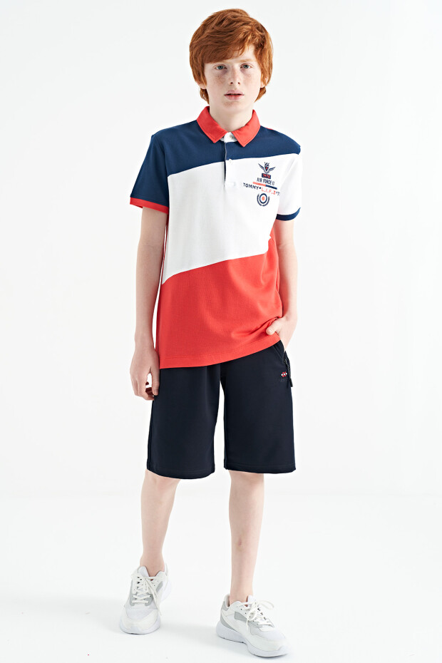 Coral Renk Bloklu Nakış Detaylı Standart Kalıp Polo Yaka Erkek Çocuk T-Shirt - 11088