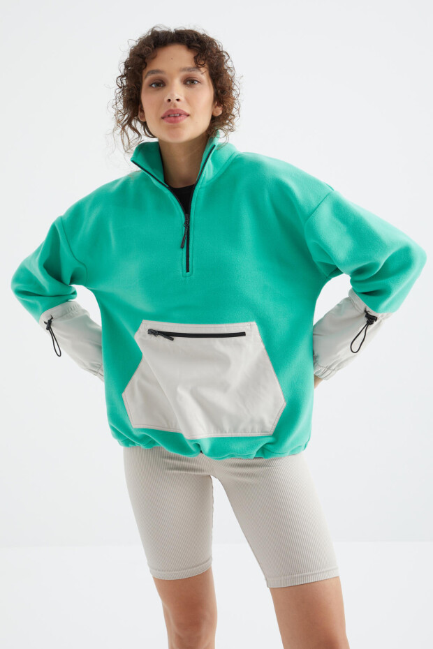 Tommy Life Deniz Yeşili Etek Ucu Büzgülü Yarım Fermuarlı Oversize Kadın Polar Sweatshirt - 97238. 3