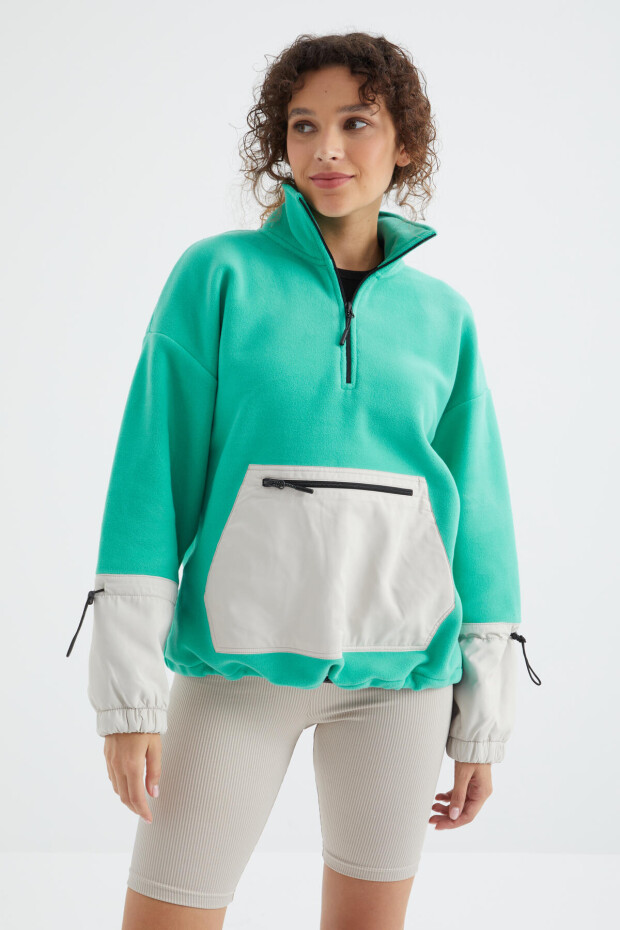 Tommy Life Deniz Yeşili Etek Ucu Büzgülü Yarım Fermuarlı Oversize Kadın Polar Sweatshirt - 97238. 5