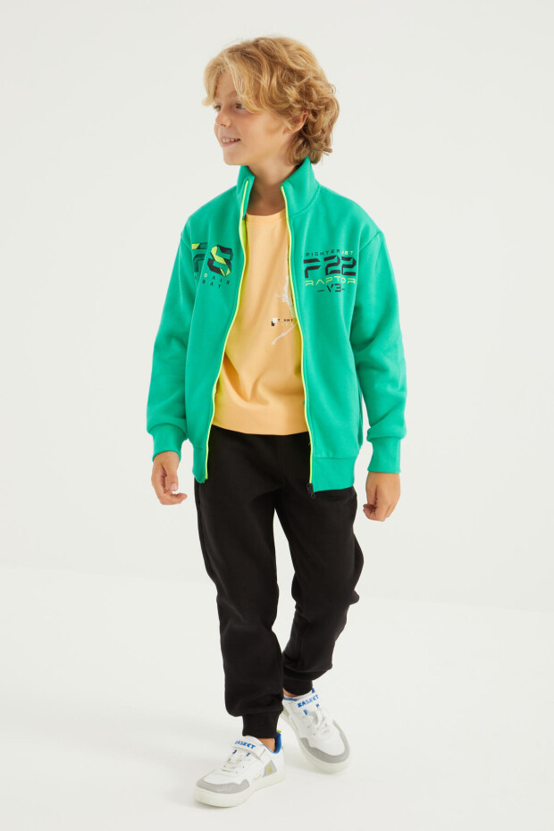 Deniz Yeşili Sırt Baskılı Fermuarlı Dik Yaka Standart Kalıp Erkek Çocuk Sweatshirt - 11021