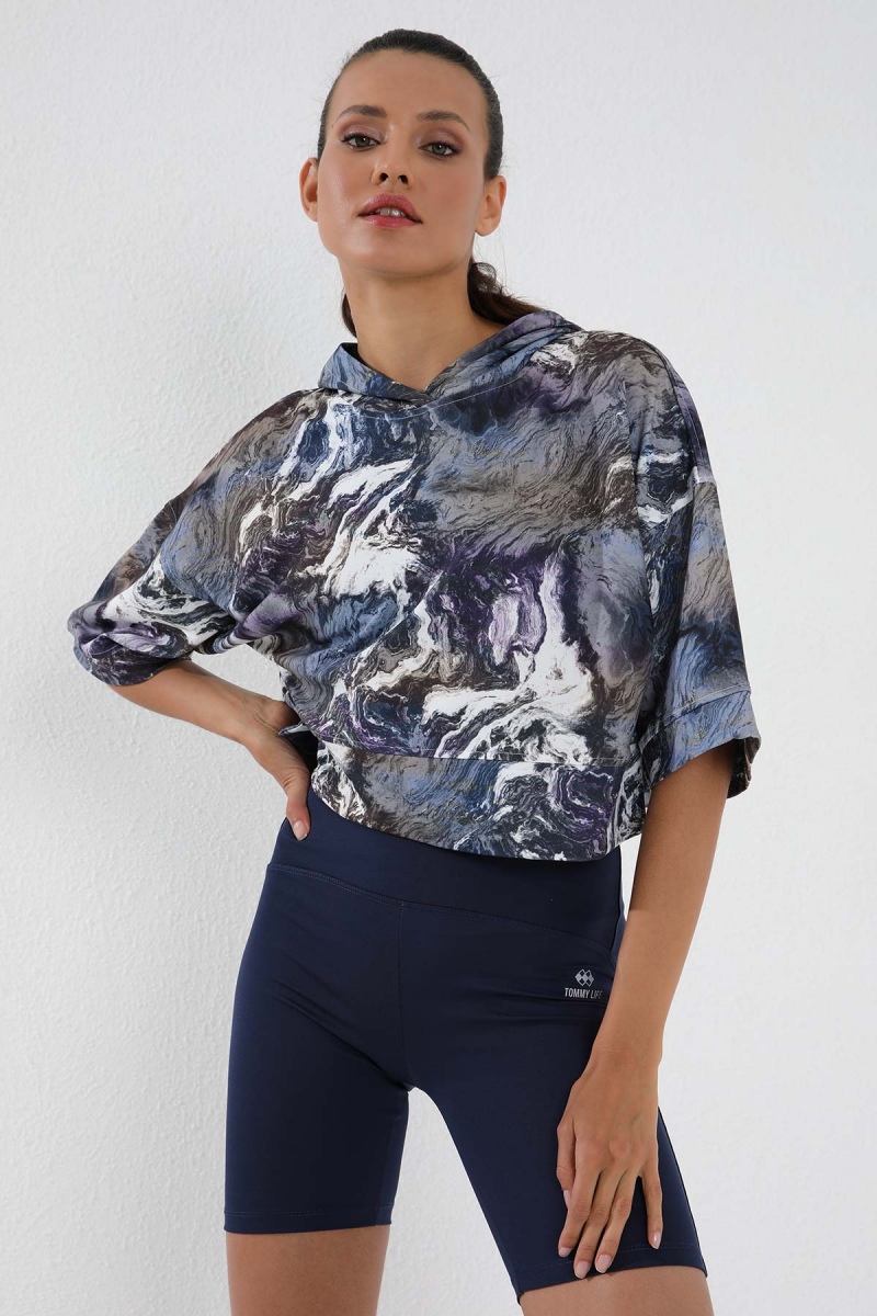 Eflatun Batik Desenli Truvakar Kol Kapüşonlu Kadın Oversize Crop Top Sweatshirt - 97141
