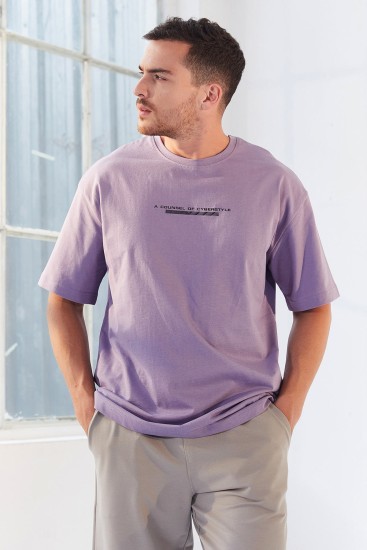 TommyLife - Eflatun Yazı Baskılı O Yaka Erkek Oversize T-Shirt - 87984
