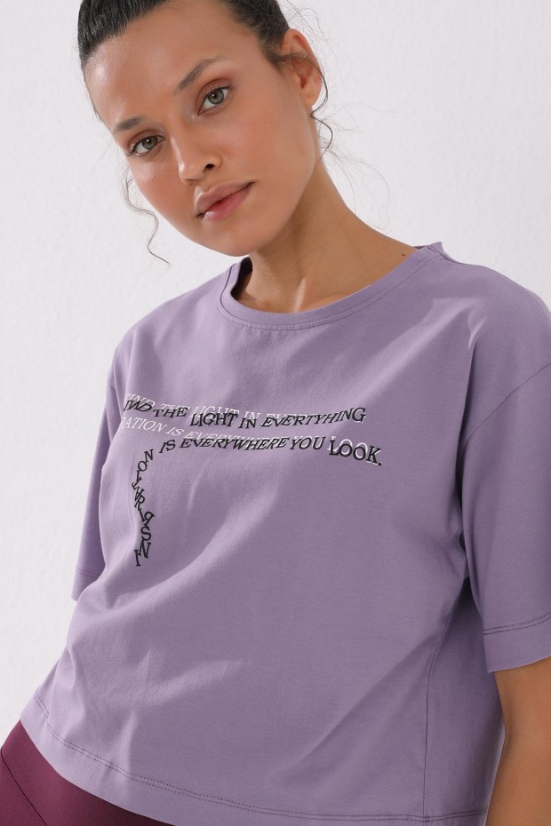 Eflatun Yazı Baskılı Kısa O Yaka Kadın Oversize T-Shirt - 97135