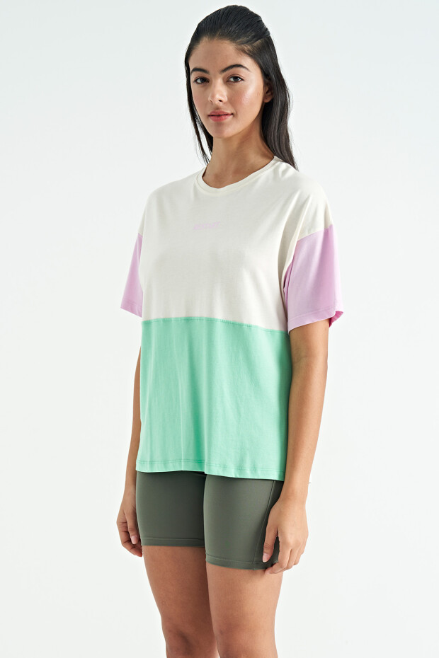 Ekru Çok Renkli O Yaka Oversize Kadın Basic T-Shirt - 02309