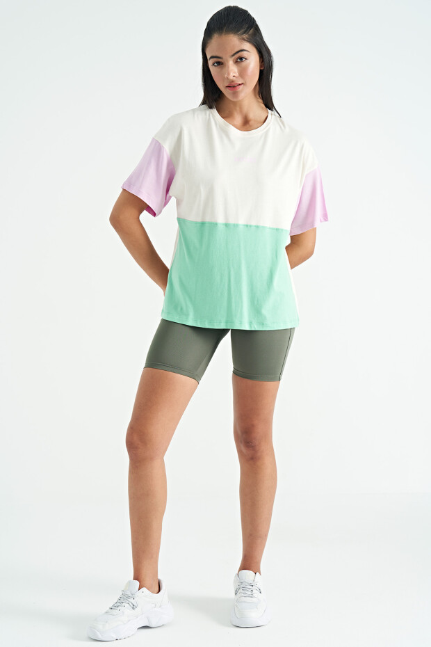 Ekru Çok Renkli O Yaka Oversize Kadın Basic T-Shirt - 02309