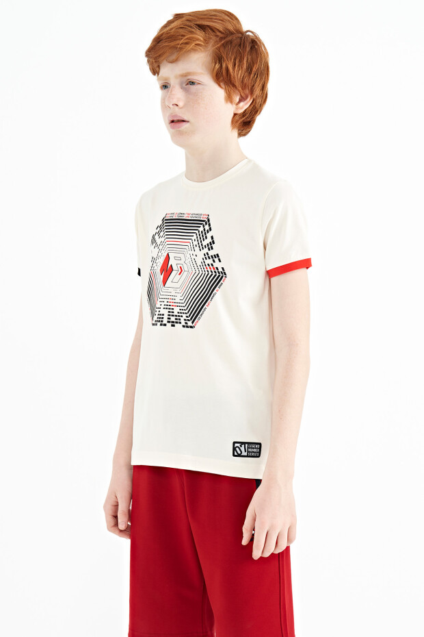 Ekru Kol Ucu Renkli Detaylı Baskılı Standart Kalıp Erkek Çocuk T-Shirt - 11156