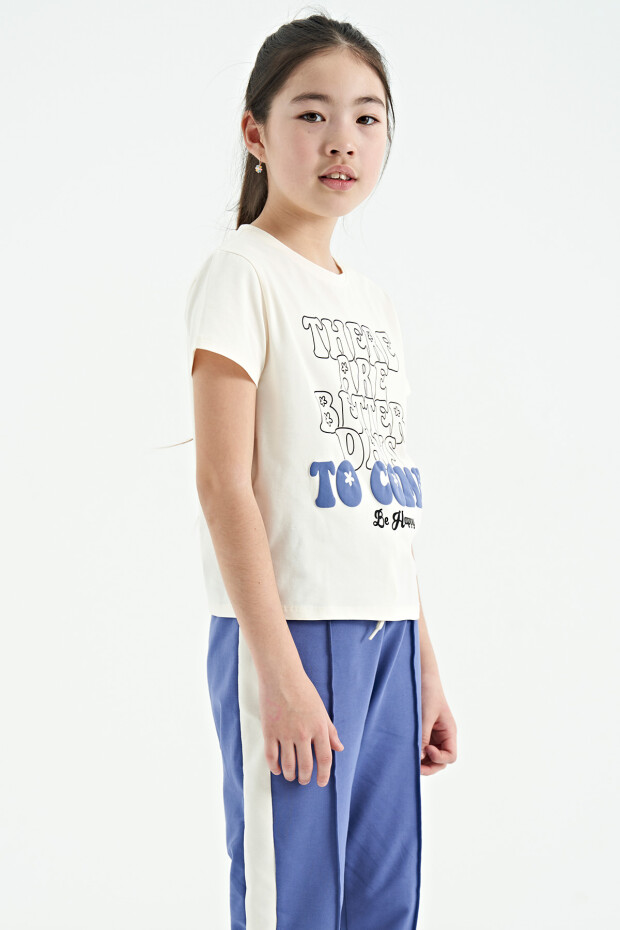 Ekru O Yaka Yazı Baskılı Rahat Form Kısa Kollu Cropped Kız Çocuk T-Shirt - 75118