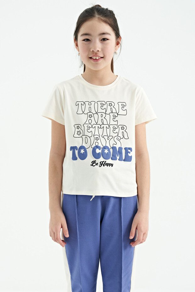 Ekru O Yaka Yazı Baskılı Rahat Form Kısa Kollu Cropped Kız Çocuk T-Shirt - 75118
