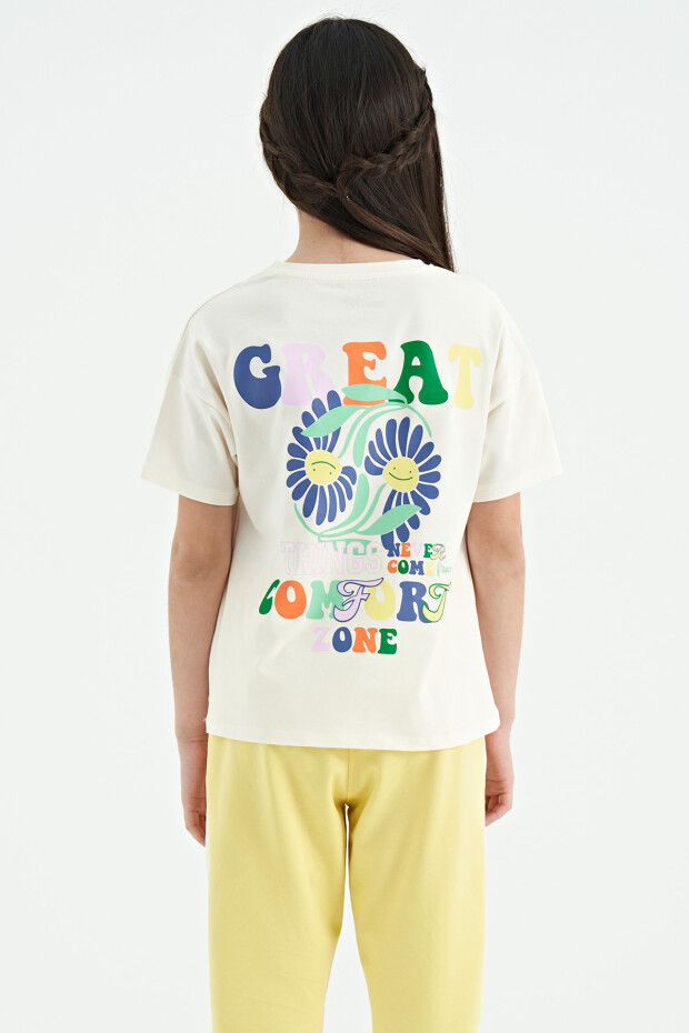 Ekru Ön Arka Çok Renkli Baskılı Oversize Kısa Kollu Kız Çocuk T-Shirt - 75117