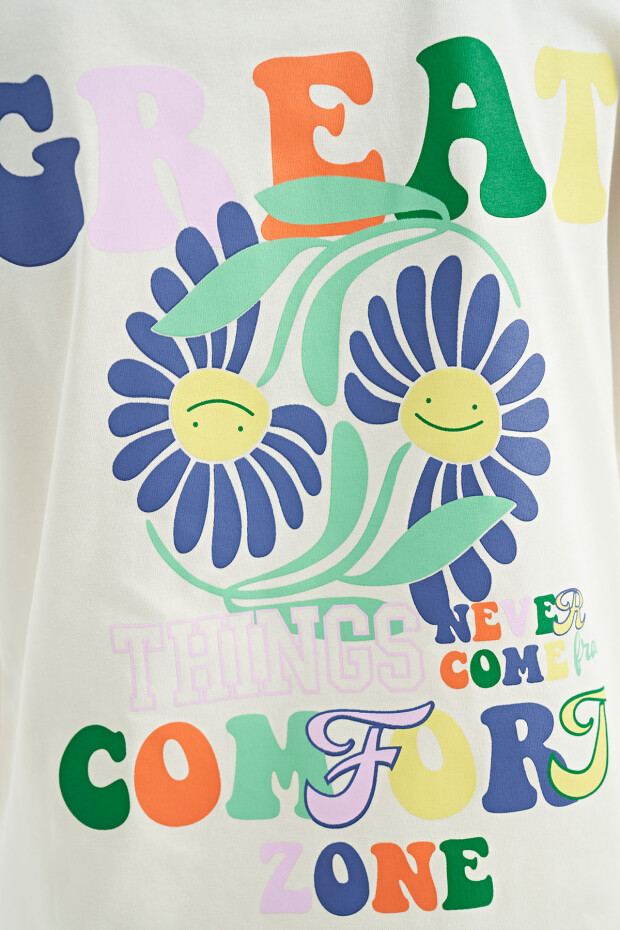 Ekru Ön Arka Çok Renkli Baskılı Oversize Kısa Kollu Kız Çocuk T-Shirt - 75117