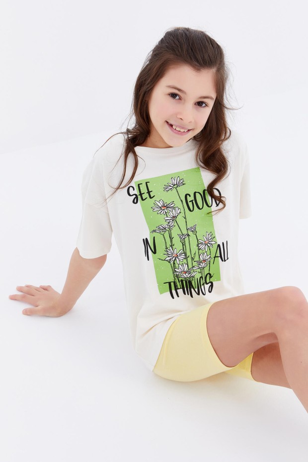 Ekru Oversize Yazı Baskılı O Yaka Düşük Omuz Kız Çocuk T-Shirt - 75032